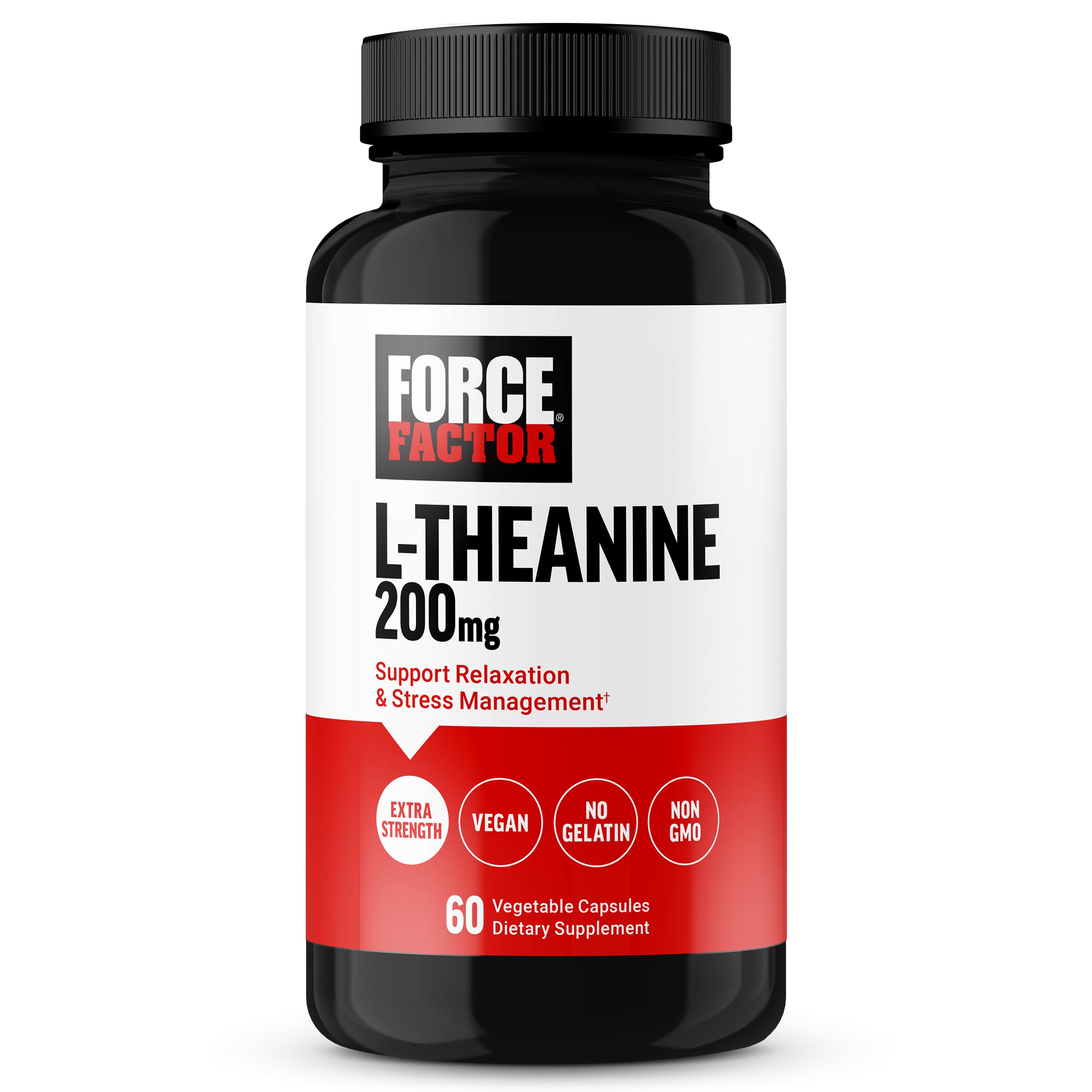 FORCE FACTOR L Theanine Extra Strength L-Theanine Supplement for Stress Relief and Supporting Calm and Relaxation L Theanine 200mg Capsules Vegan Non-GMO No Gelatin 60 Vegetable Capsules